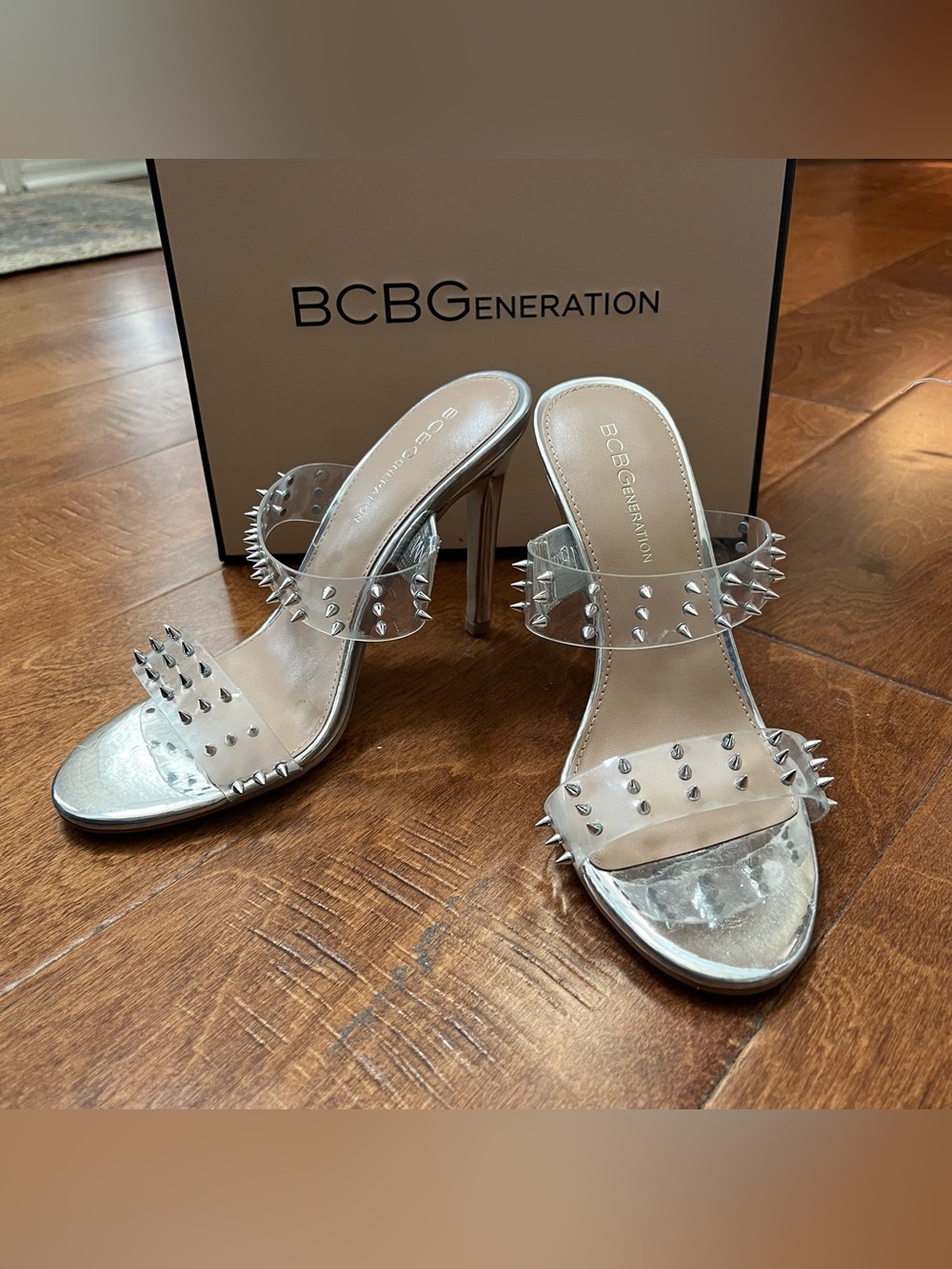 BCBGeneration Women's Jidana Studded Stiletto Heel Sandals Clear Silver Size 7